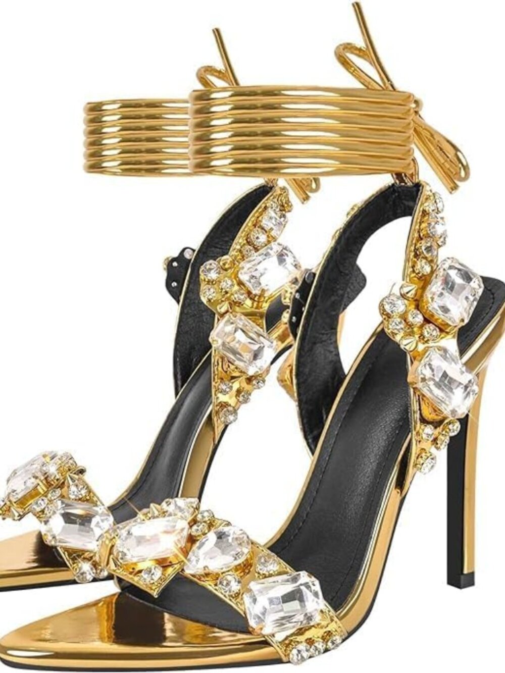 Women's Strappy Stiletto Heels with Crystals, Lace Up Gladiator Open Toe